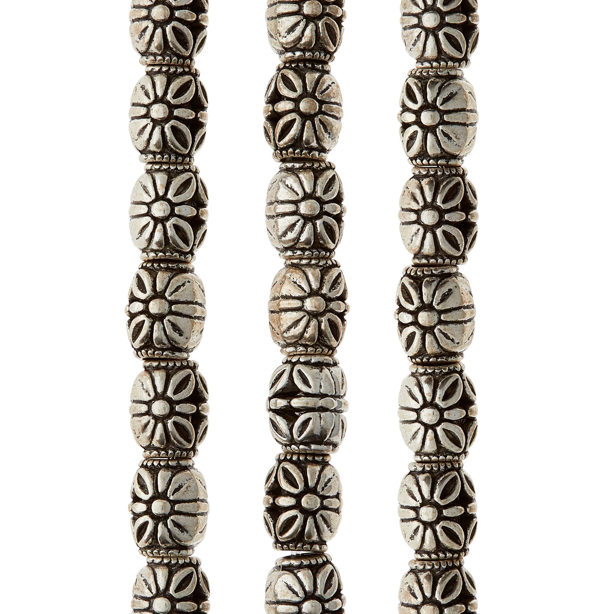 Silver-Plated Antique Flower Carved Tube Beads, 10mm by Bead Landing™